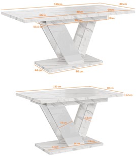 DUBAI nowoczesny stół rozkładany do salonu jadalni 120x80 biały marmur bia.